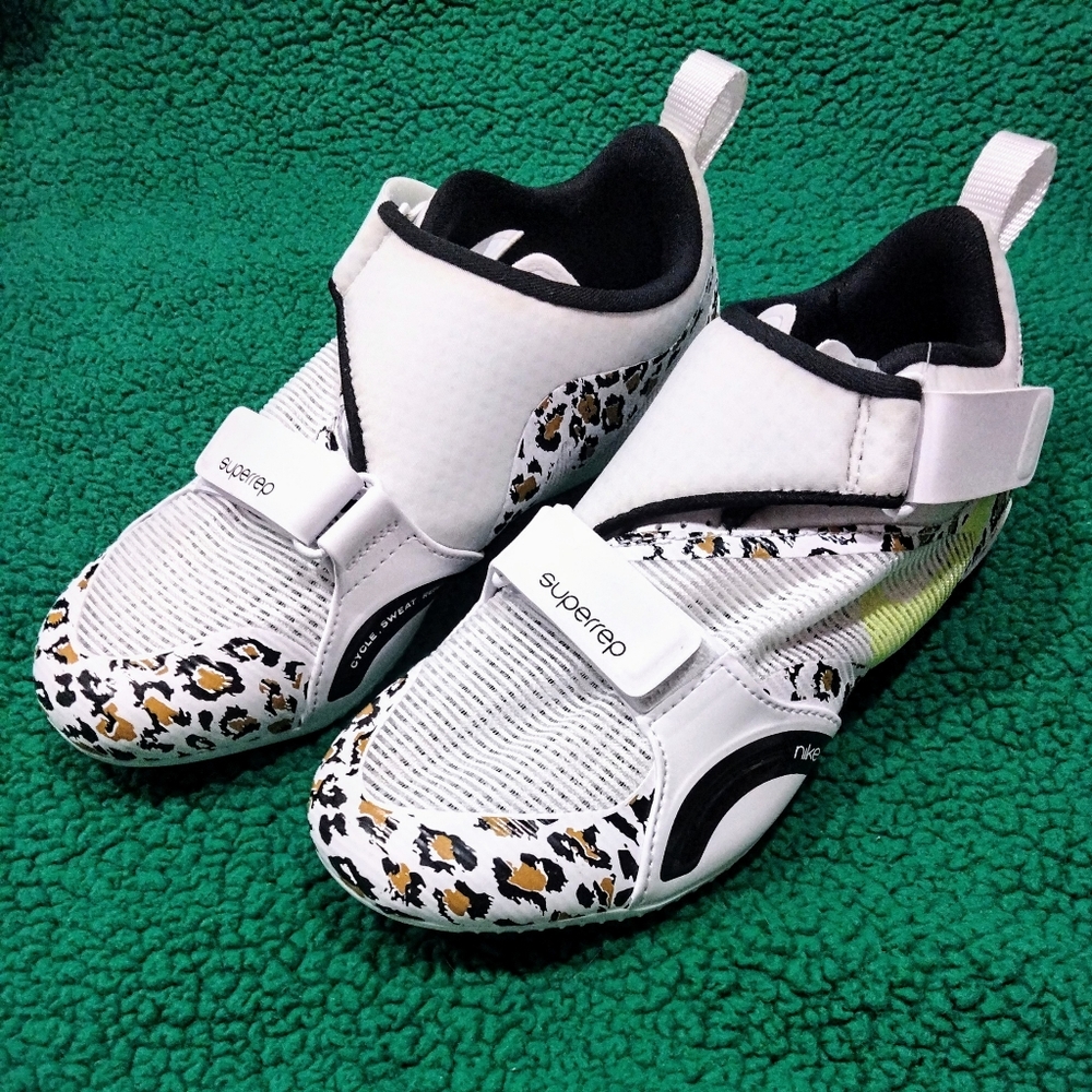 Nike SuperRep Cycle Shoe Womens US 7 White Leopard Print Spin Indoor Cycling New